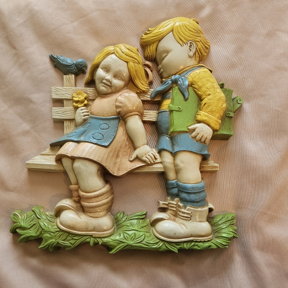 Vintage Wall Plaque with Children and Bird HOMCO 1977 Dart Plastics Decor